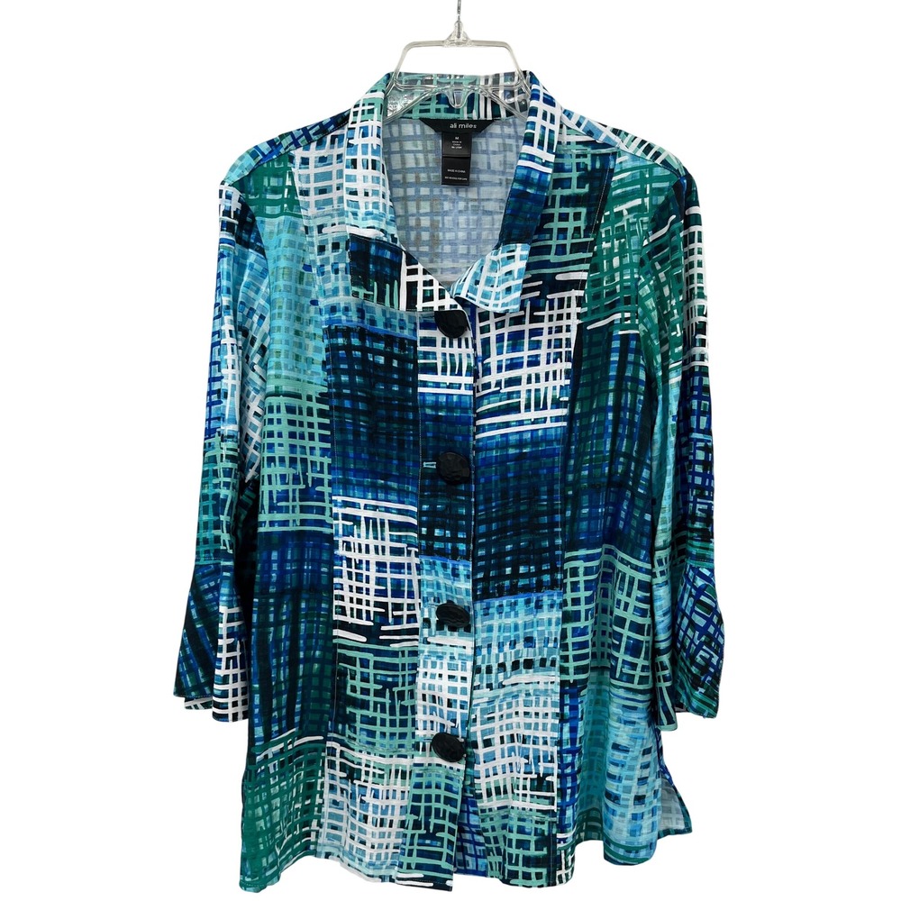 Ali Miles Patchwork Button Front Blue Tunic Blous… - image 3